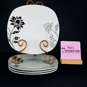 Tabletops Gallery REBECCA Black Floral White Porcelain Square Dinner Plate Set 4